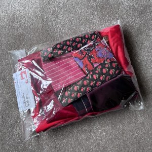 A clear plastic bag of red fabric off cuts